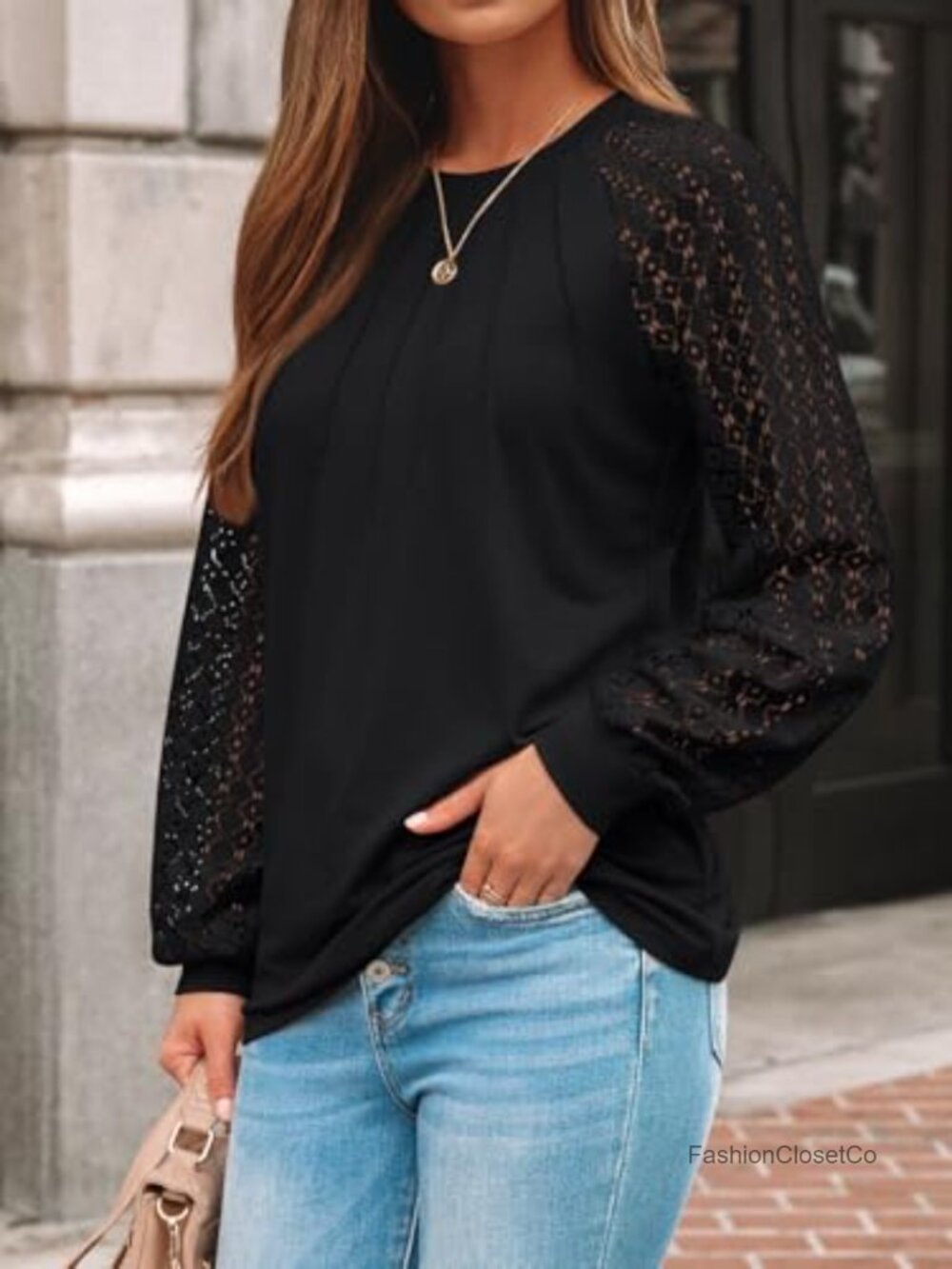 Womens Long Sleeve Lace Blouse Casual Crew Neck Pullover Top - Picture 2 of 6